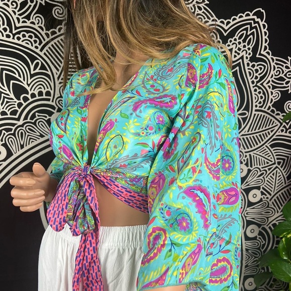 Open Front Tie Bell Sleeves Blouse - Picture 8 of 8